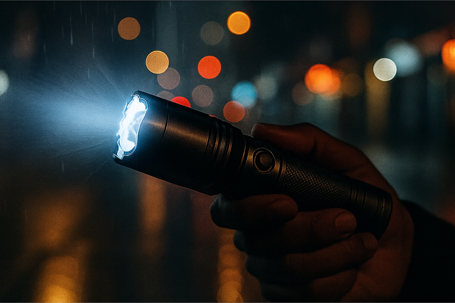 Hand holding a flashlight with blurred lights in the background
