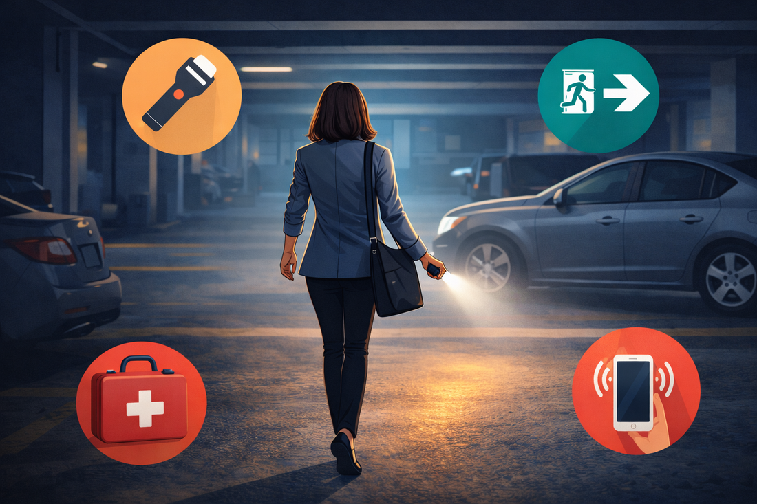 Workplace safety vector illustration showing woman walking in parking garage with flashlight and safety icons.