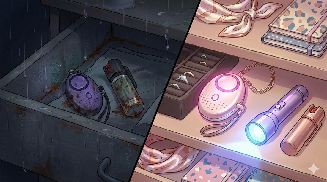 Digital illustration of personal safety gadgets neatly stored in a drawer, including a pepper spray, personal alarm keychain, stun device, flashlight, and moisture-absorbing packets, shown in a clean, organized, non-realistic style.