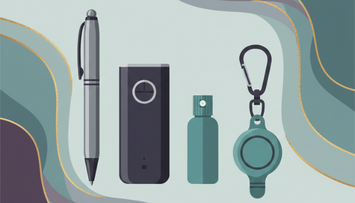 A young woman walking through a quiet residential street at dusk, wearing a hoodie and backpack, holding a phone, with a small glowing charm attached to the bag symbolizing discreet personal safety and quiet preparedness.