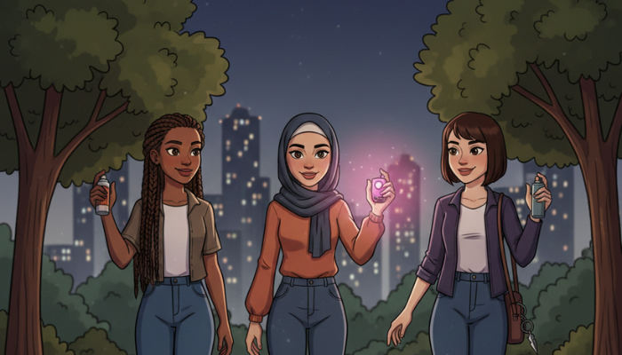 Digital illustration of a confident woman at night with personal safety gadgets—personal alarm, pepper spray, stun device, and tactical flashlight—highlighted in the foreground, representing women’s safety and focused self-defense tools.