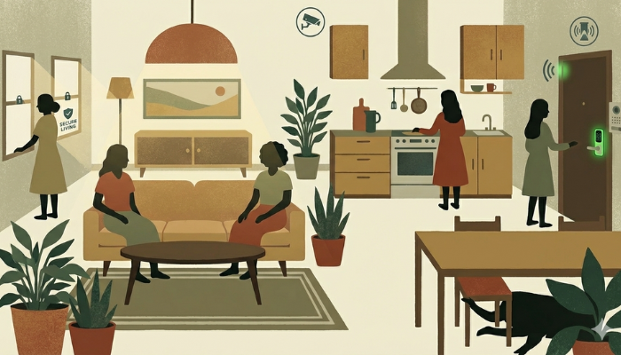 Illustration showing a woman entering a shared living space at night, appearing cautious as unfamiliar people occupy the common area, highlighting hidden safety concerns in shared accommodation.