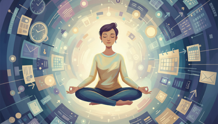 Abstract minimalist illustration showing calm stillness within flowing motion, symbolizing short pauses and mental balance in a fast-moving day.