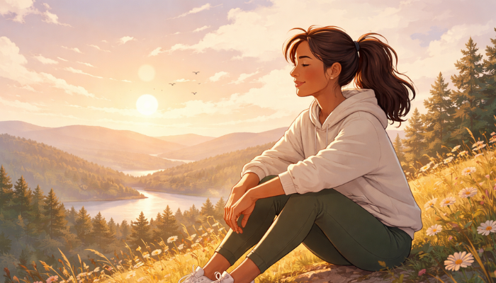 Stylized digital illustration of a calm human figure surrounded by gently shifting abstract forms, representing resilience developing through everyday moments and quiet adaptation, in a non-realistic art style with soft colors.