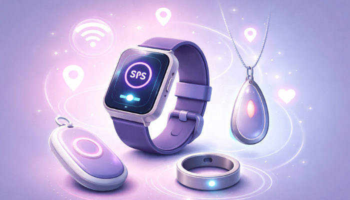 Illustration representing emerging personal safety technology with connected safety gadgets, wearable devices, sensors, and smart alert systems shown in a modern, non-realistic digital style.