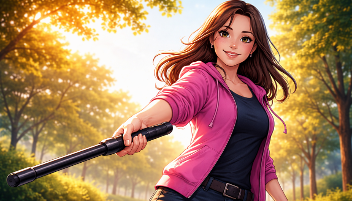 Confident illustrated woman holding an extended safety stick in a calm outdoor park setting, symbolizing personal safety, control, and positive self-protection.