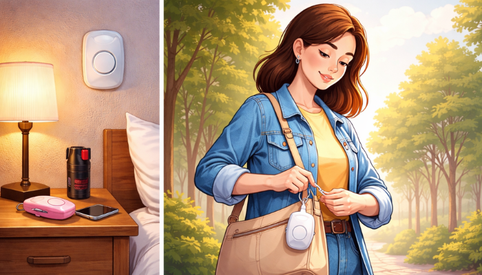 Minimal flat-style illustration of a woman attaching a compact personal safety alarm to her handbag, showing an easy, everyday safety setup in a calm outdoor setting.