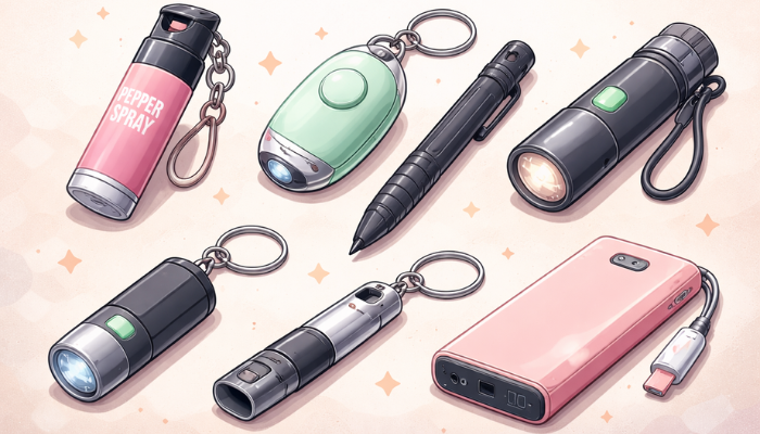 Illustrated safety gadgets including pepper spray, personal alarm, flashlight, whistle, tactical pen, and portable power bank arranged on a soft pastel background in a clean, non-realistic style.