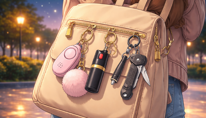 Minimalist illustration of a woman’s beige backpack with compact safety tools attached as keychains, including a personal alarm, pepper spray, and multi-tool, shown in an evening outdoor setting.