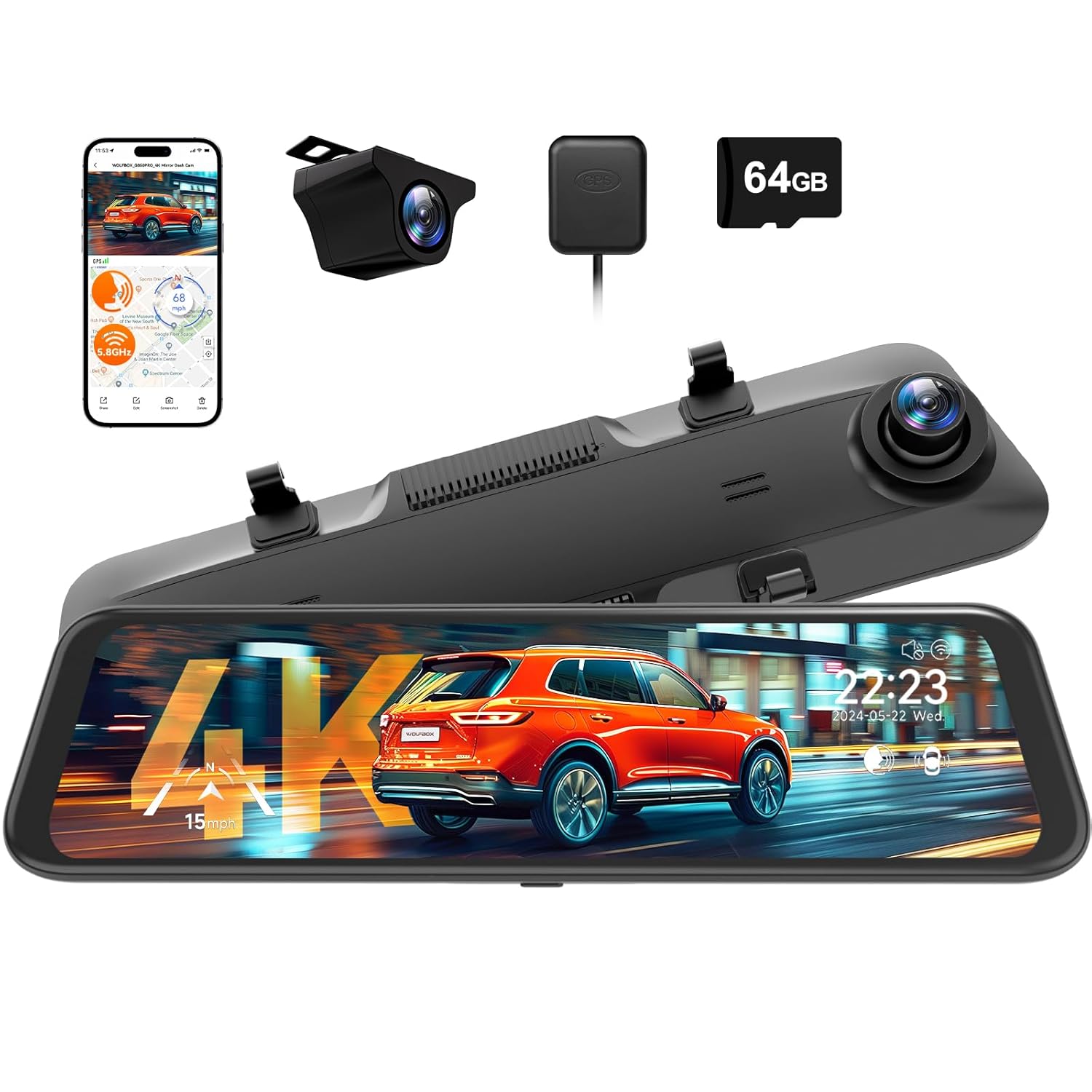 Car dashboard camera system with screen, app, and accessories on a white background