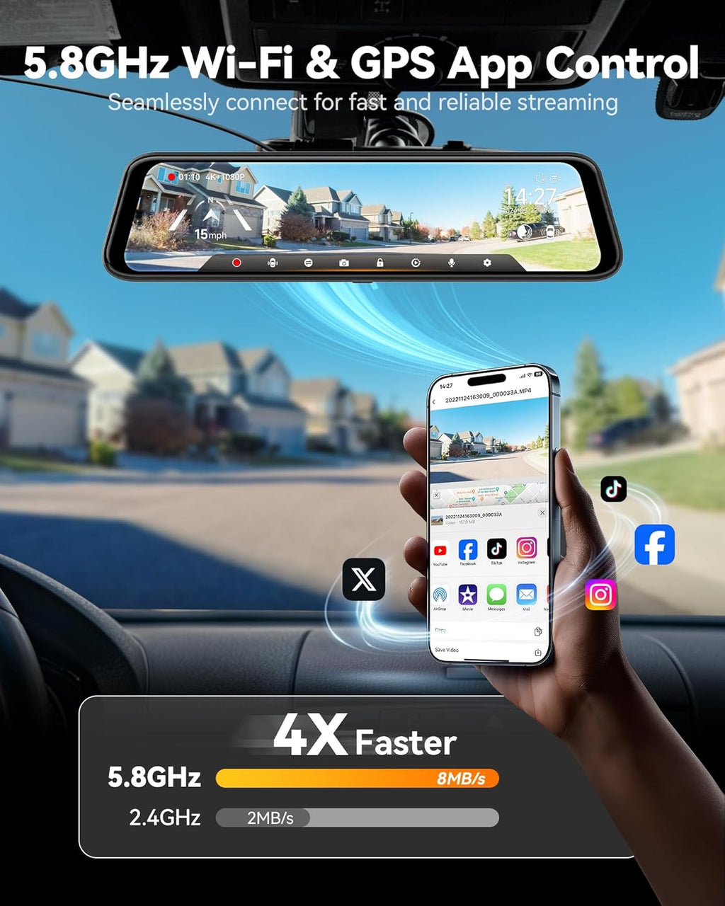 Car rearview mirror with Wi-Fi and GPS app control, showing smartphone app interface.