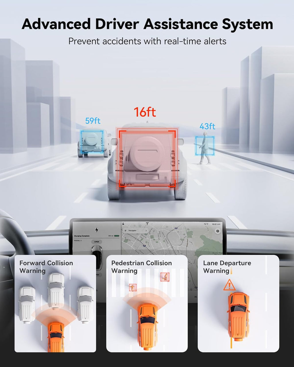 Advanced driver assistance system with real-time alerts on a car dashboard display.