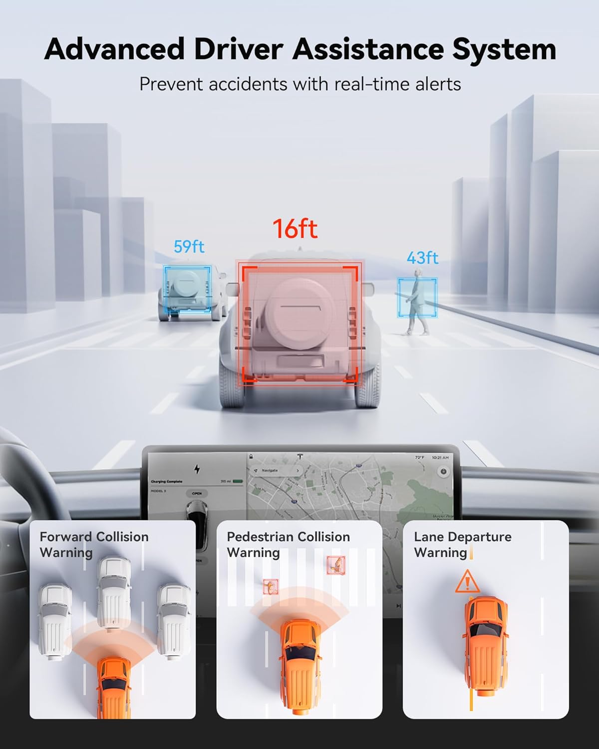 Advanced driver assistance system with real-time alerts on a car dashboard display.