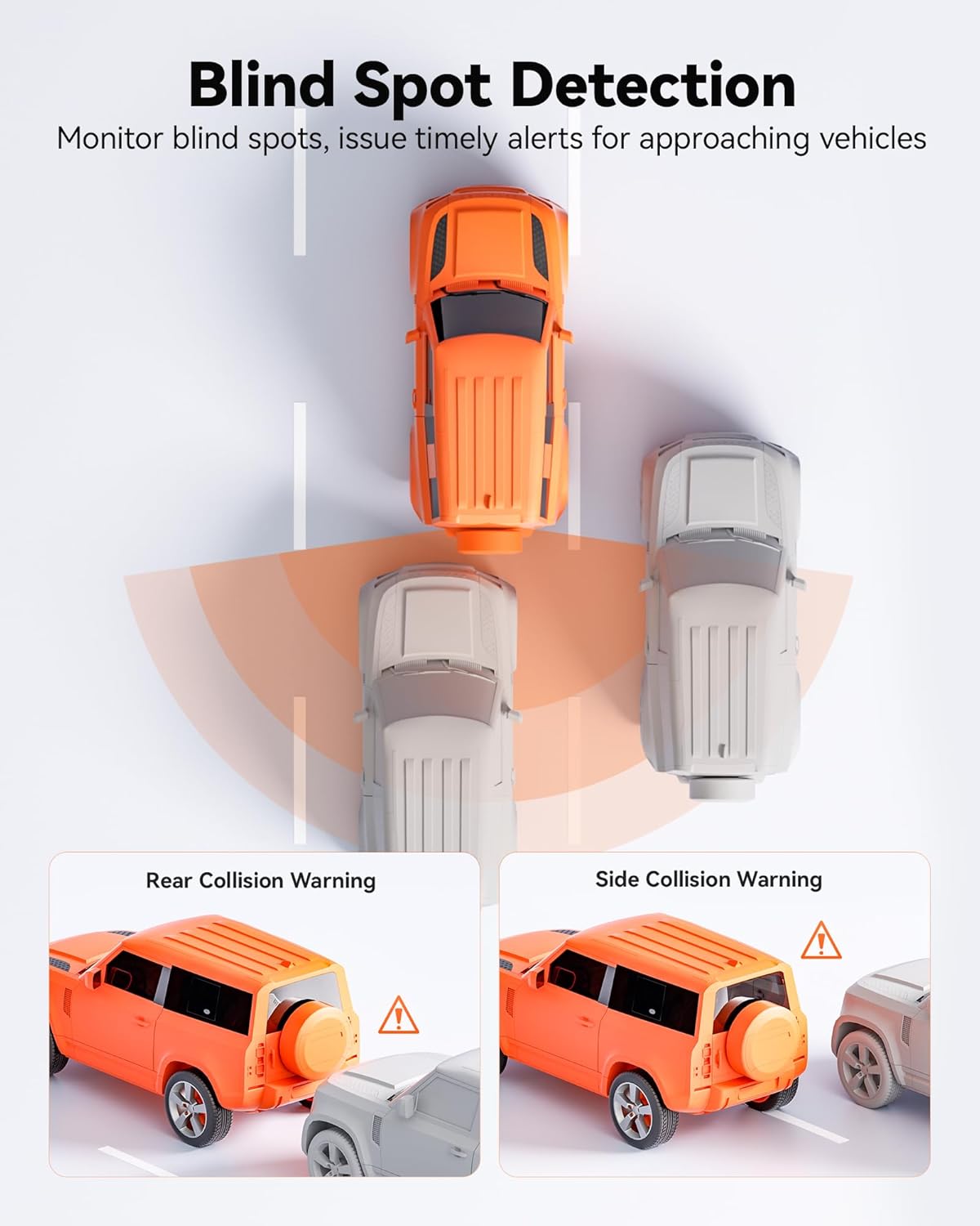 Blind spot detection system with orange car and gray sensor on a white background