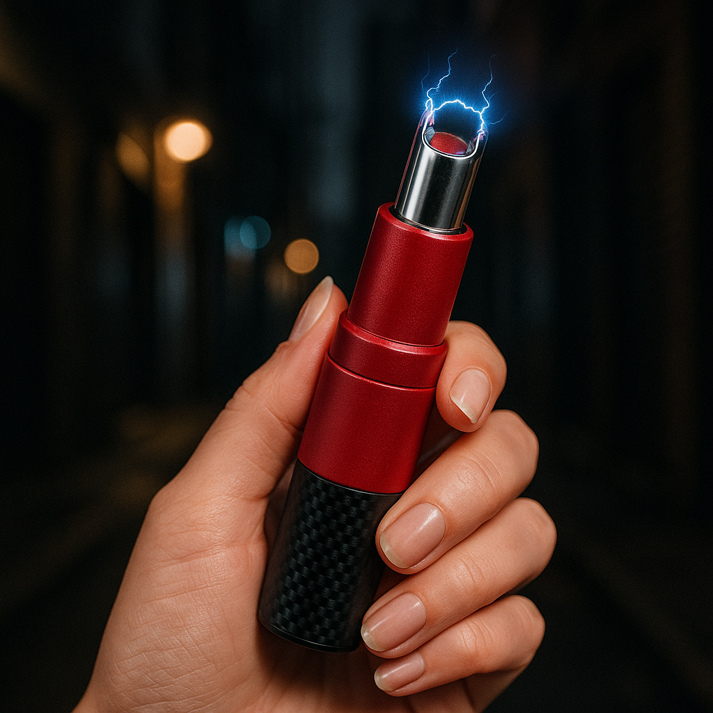A hand holding a red and black lipstick stun gun with a blue electric arc at the tip, indicating it is powered on.