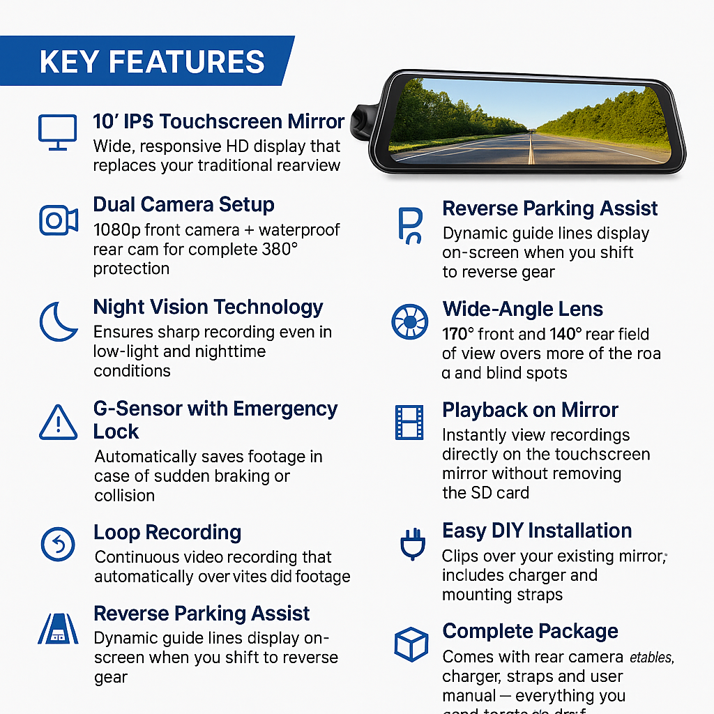 ClearCam D3 – 10” Dual Dash Cam with Rearview Mirror & HD Recording | VibeSafe