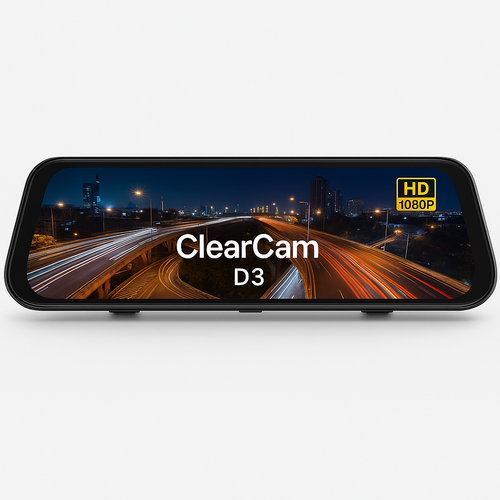 Smartphone with a reflective screen displaying a cityscape at night, branded 'ClearCam D3'.