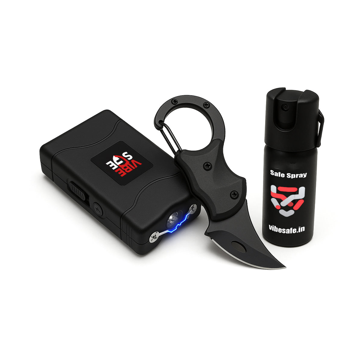 Vibesafe Combo - Pepper Spray + VoltBlazer Stun Gun Flashlight + Multipurpose Self-Defense Keychain