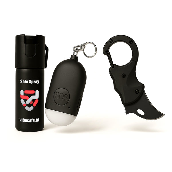 Vibesafe Combo - Multipurpose Keychain + Pepper Spray + SOS Alarm Keychain