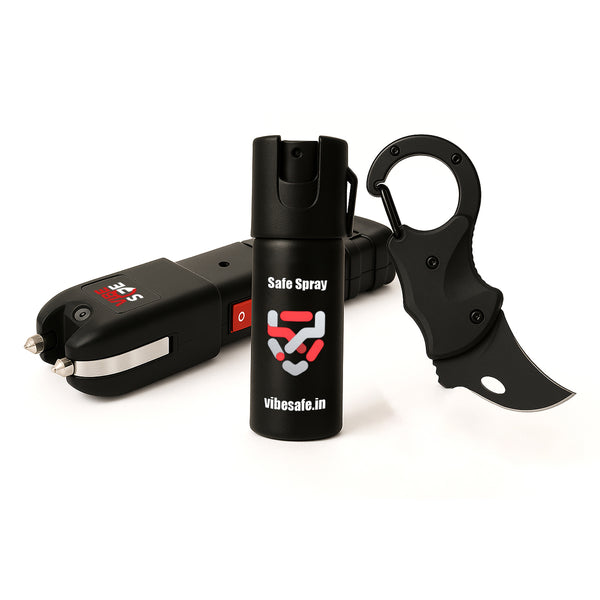 Vibesafe Combo - Pepper Spray + VoltBlazer 2.0 Stun Gun + Multipurpose Keychain