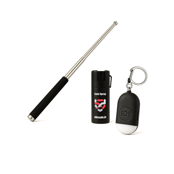 Vibesafe Combo - SOS Alarm Keychain + Expandable Steel Baton + Pepper Spray