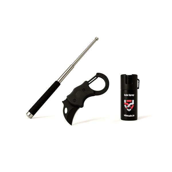 Vibesafe Combo - Multipurpose Self-Defense Keychain + Expandable Steel Baton + Pepper Spray