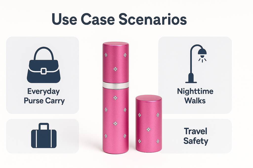 The image showcases a pink lipstick stun gun with scenarios for everyday purse carry, nighttime walks, and travel safety.
