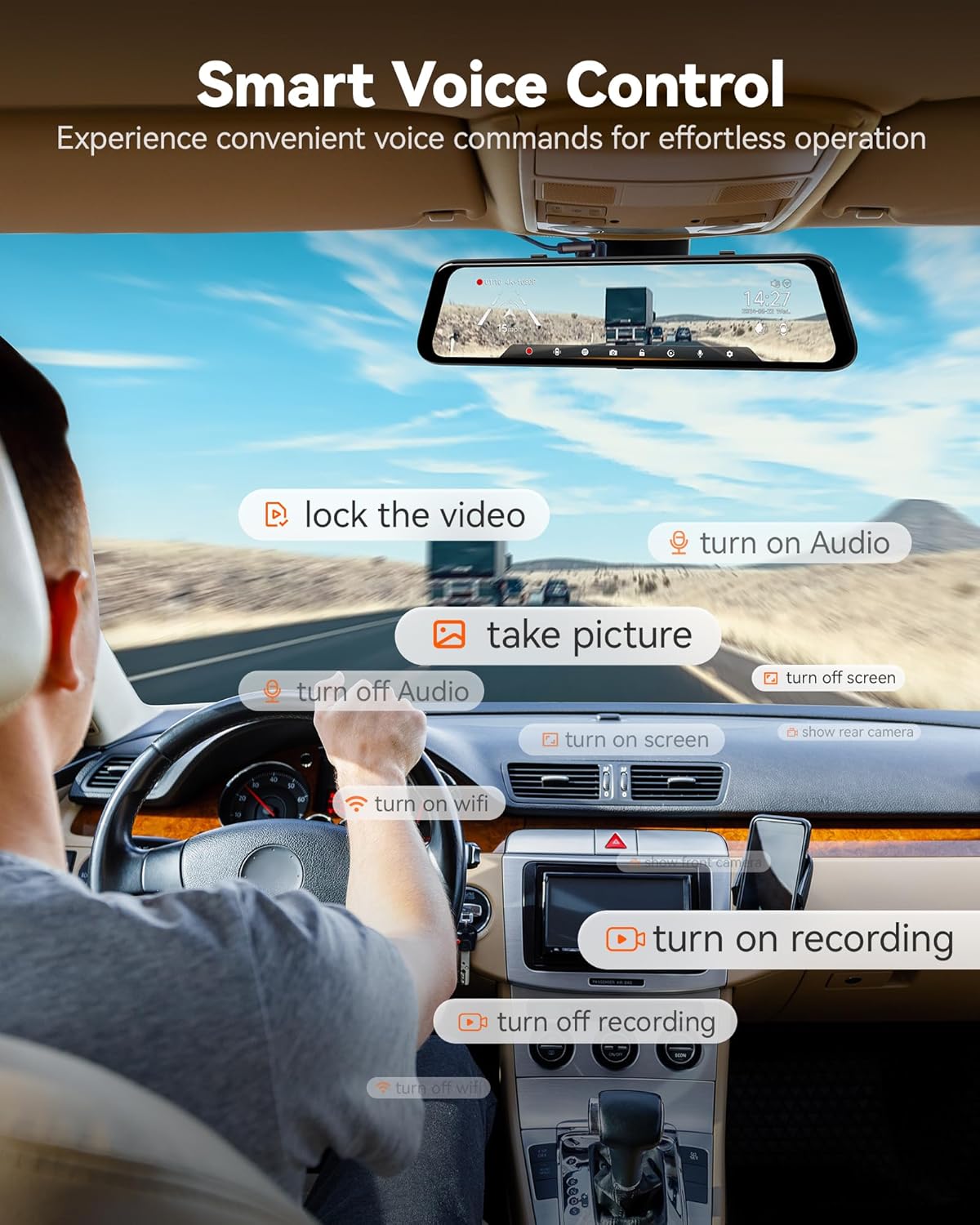 Car interior with smart voice control interface displayed on the screen