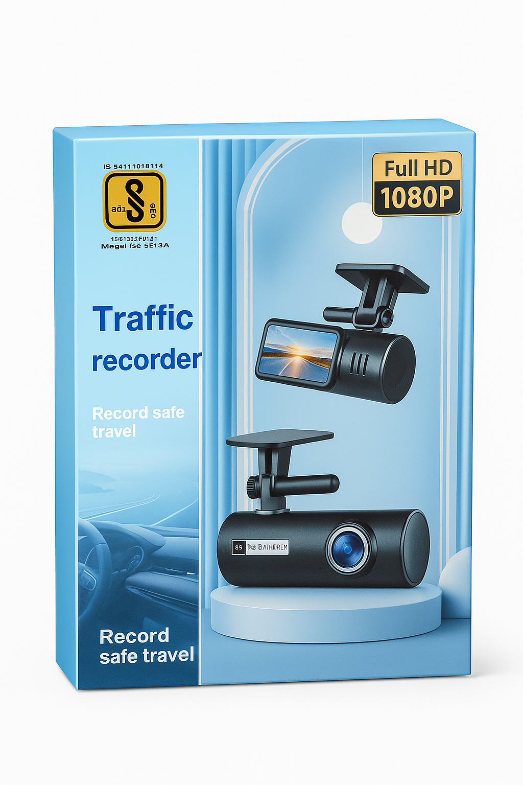 Traffic recorder packaging with clear window showing product, blue background